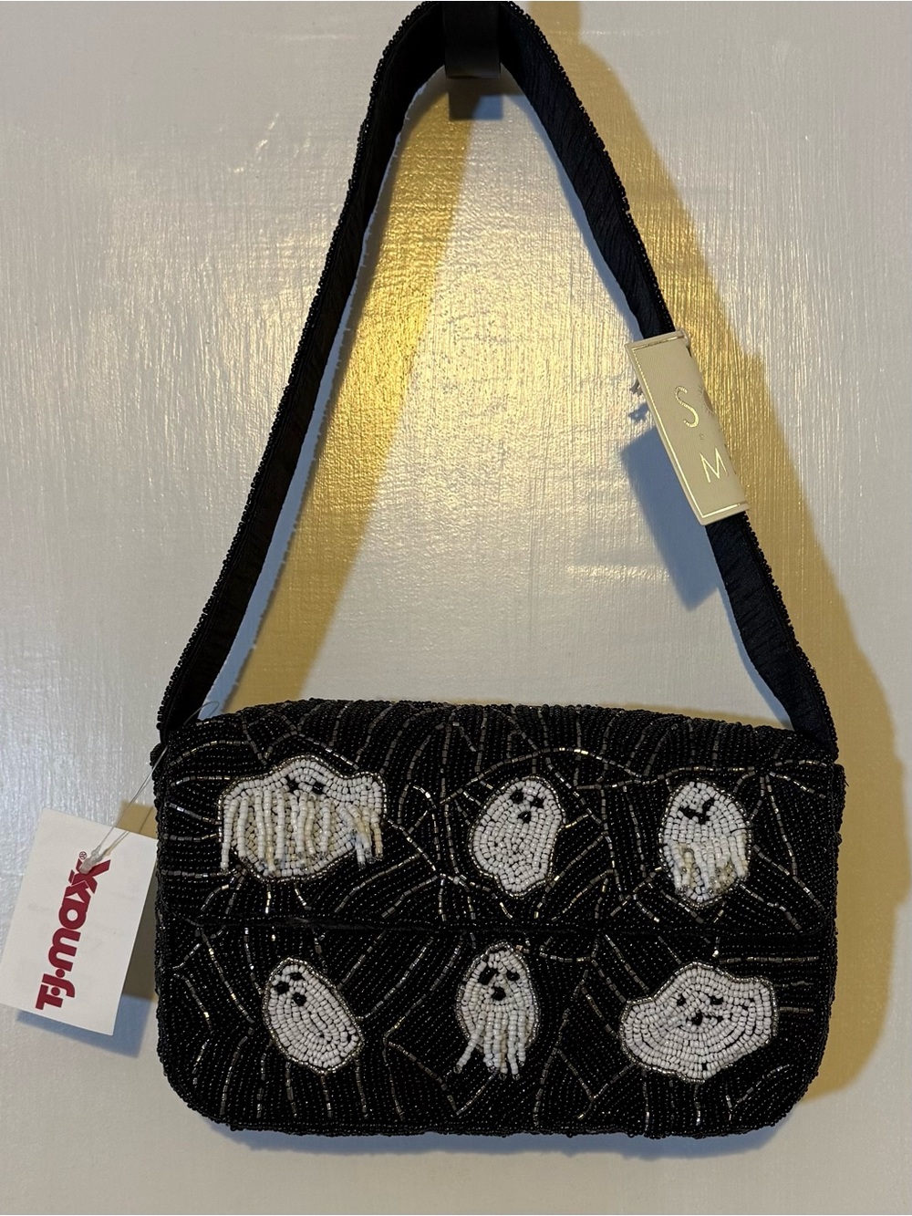Viral TJMAX Black Beaded Shoulder Bag with White Ghost Motif, Halloween fall NWT - Picture 3 of 12